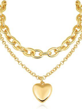 Chunky Gold Heart Necklace for Women- 14k Gold Plated Thick Chain Necklace with